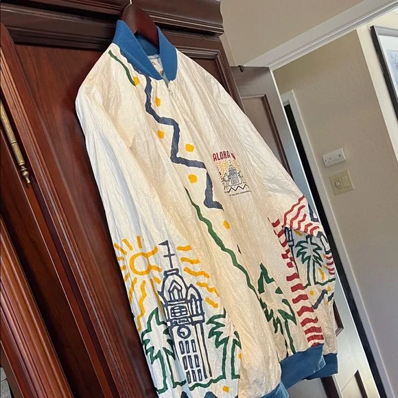 Vintage Rare Great Aloha Run White & Blue Graphic Windbreaker Race Paper Jacket! - Picture 5 of 12